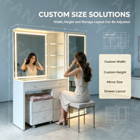 Coiffeuse Moderne Personnalisée avec Grand Miroir Lumineux, Meuble de Rangement pour Chambre à Coucher en Bois MDF