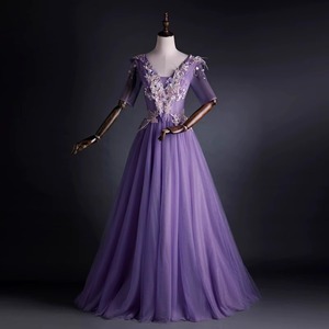 Purple Ball Gown Evening Dress V Neck Chiffon Empire Waist Vintage Style Performance Costume Stage Solo Vocal Exam Host Wear - Product Image 2