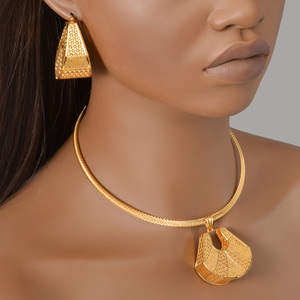 luxury statement western women 18k gold plated hollow fan pendant <b>snake</b> chain trapezoid drop dangle earrings and necklace set - Product Image 2