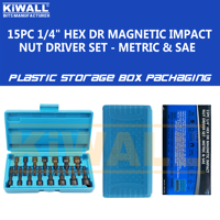 Jeu de douilles à chocs magnétiques 15 pièces, embout 1/4, matériau CRV, emballage en boîte rigide, service OEM, usage industriel
