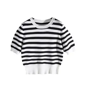 Crew neck striped pattern short sleeve knit casual fashion women's sweater