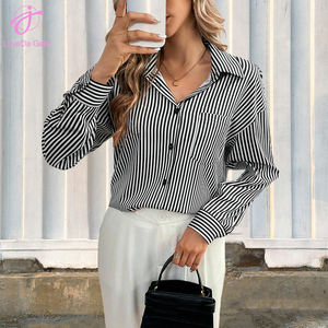 Camicia Loveda estiva da donna, casual, a righe bianche e nere, con fiocco sulla schiena e bottoni sul davanti, a maniche lunghe, molto venduta. - Product Image 3