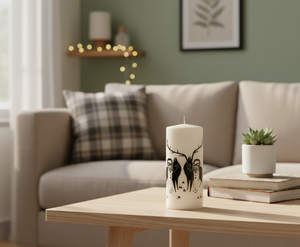 Artistic Soy Wax Eco-Friendly Pillar Candle Black White Printed for Coffee Tables Shelves Living Rooms Christmas Easter Gifting - Product Image 1
