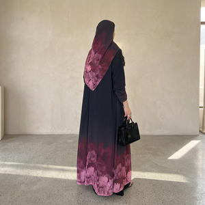 Floral Printed Abaya For <b>Women</b> Long Sleeve Modest Floor Length Black And Pink Lightweight Polyester Daily Wear Middle East Style - Product Image 1