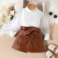 Baby Kids Girl Kleid Set Langarm Top Leder 2 Stück Rock Set Minirock Modische Kinder kleidung