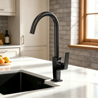 Robinet de cuisine noir mat en gros, mitigeur monocommande à bec haut pivotant à 360° pour montage sur évier, idéal pour projets d'appartements