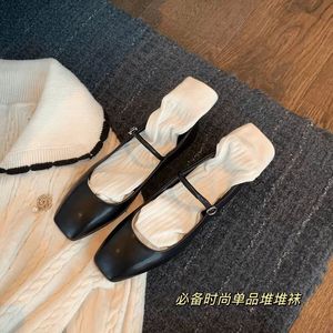 White Cotton Mid-Calf Socks For Women Anti-Bacterial Spring Autumn Ballet Style Gray Socks To Match Chunky Shoes - Product Image 4