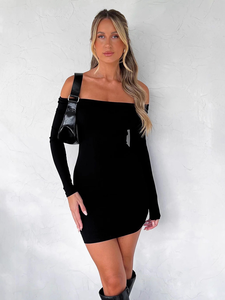 Nuovo Stile Personalizzato Abito da Donna Senza Spalline Tinta Unita <span class=keywords><strong>Sexy</strong></span> <span class=keywords><strong>Scollato</strong></span> a Maniche Lunghe Lunghezza al Ginocchio - Product Image 4
