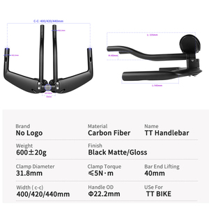 Guidon TOSEEK <span class=keywords><strong>TT</strong></span>, diamètre de serrage 31,8 mm, aérodynamique optimisé, faible résistance au vent, pour course de contre-la-montre, carbone, triathlon, aérobarre - Product Image 2