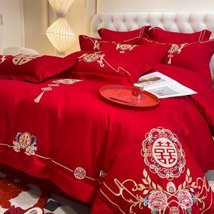 Juego de Cuatro Piezas de Ropa de Cama de Estilo Chino de Alta Gama, Color Rojo Brillante, 100% Algodón, Fundas de Almohada, 300 Hilos, Personalizable - Product Image 3