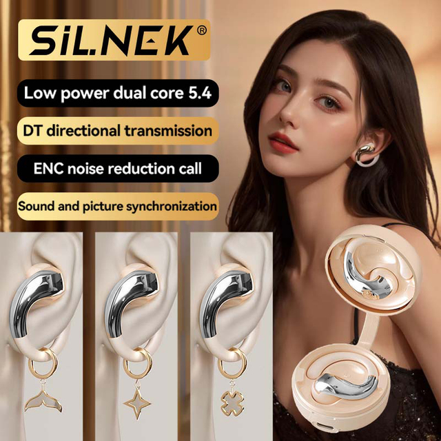 Silnek Women Fashion Hangable Earrings Bluetooth Earphone Luxury OWS Open Ear Hook ENC Noise Reduction Call Wireless Headphones