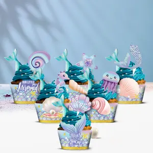 mermaid thema tafel decor Suppliers-Nieuwe Mermaid Verjaardagsfeestje Cake Cup Decoratie Grens Kaart