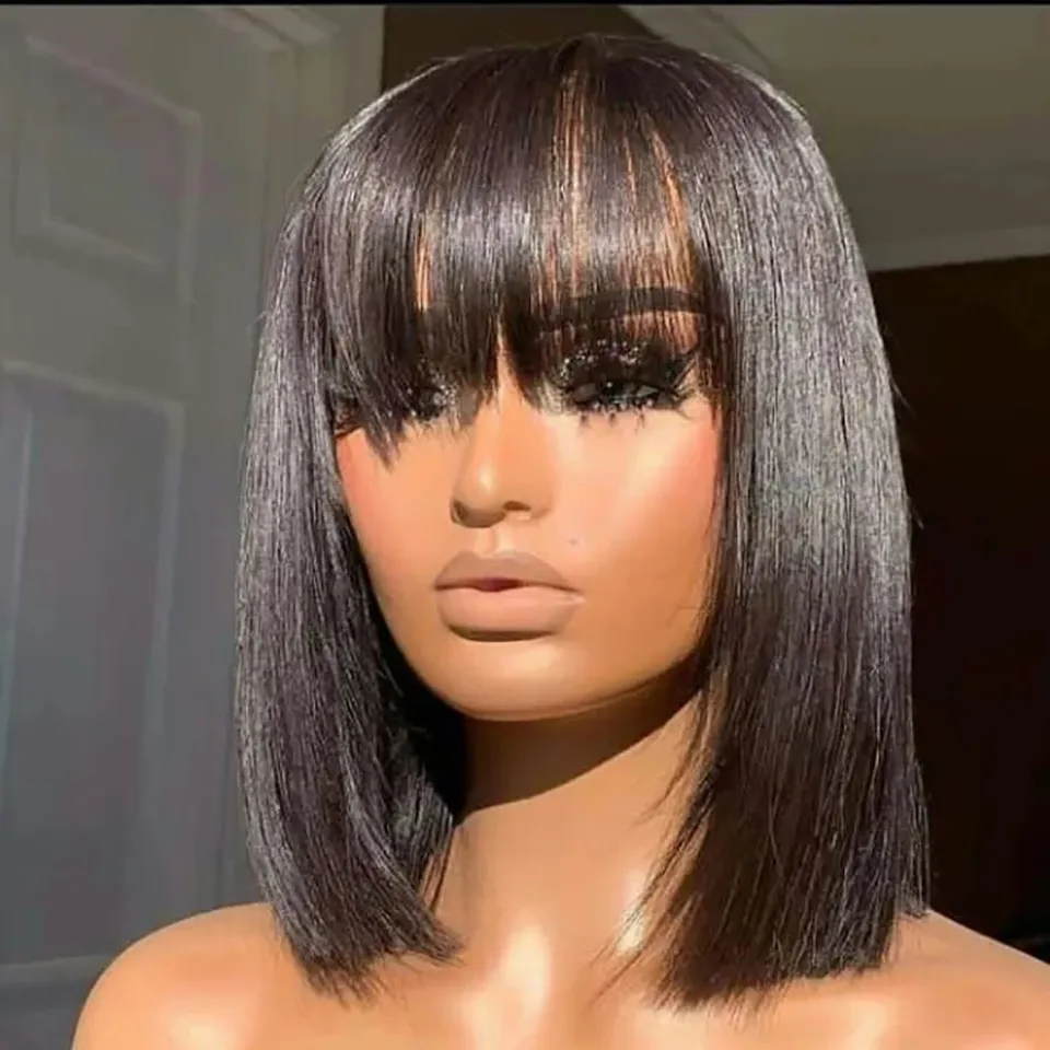 Wig Rambut Manusia Bob Lurus dengan Wig Buatan Mesin Penuh Bang Wig Bob Rambut Manusia Remy Brasil untuk WANITA HITAM 10 12 Inci