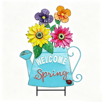 Piquet de jardin en métal avec arrosoir et fleurs, motif 'Bienvenue Printemps', pour porche avant, patio, pelouse et parterre de fleurs
