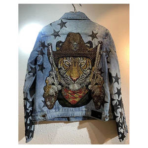 Giacca di <span class=keywords><strong>Jeans</strong></span> da <span class=keywords><strong>Uomo</strong></span> Mingwei Personalizzata Blu Lavato con Ricami Stile Motociclista - Product Image 4