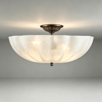 Plafonnier semi-encastré LED en verre givré à nervures ondulées, finition or brossé, design vintage, large abat-jour, faisceau 360°, pour salon et hall d'entrée