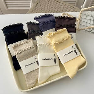 <strong>Double</strong>-layer Wood Ear Retro Combed Cotton <strong>Socks</strong> OEM Cream Color Autumn Boneless Pile Mid-tube Women's <strong>Socks</strong> - Product Image 3