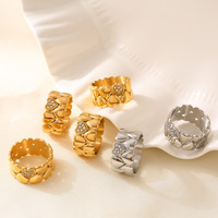 Bague Cœur Double Couche Empilée Vintage Style Moyen Âge avec Diamant, Plaqué Or Véritable 18K, Acier Inoxydable pour Femme