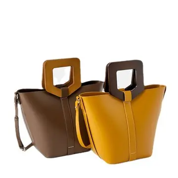 Jiangshun-Bolso de mano OEM ODM para mujer, Asa de madera y cuero suave, personalizado, a la moda, marcas famosas de lujo