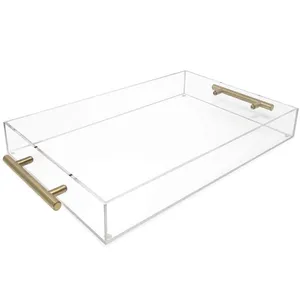 Yageli china supplier custom clear transparent rectangular acrylic food server plexiglass serving tray with gold metal handles