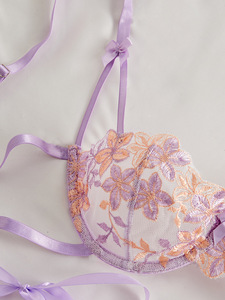 Wholesale Floral Embroidery Lingerie Set Sexy Sheer Mesh Underwire <b>Bra</b> and Tie Side Thong Panties Set 2 Piece Lace Sexy <b>Bra</b> Set - Product Image 5