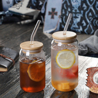 Gobelet en verre dépoli transparent pour canette de bière avec paille et couvercle en bambou – Ensemble élégant de vaisselle pour boissons