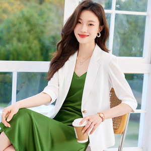 Women's White Three Quarter Sleeve Suit Set Solid Color Polyester Blazer Summer 2025 Professional Attire - Product Image 4