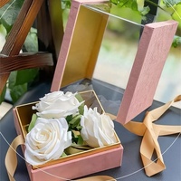 Boîte à fleurs carrée en velours transparent avec couvercle en acrylique de luxe, boîte cadeau, emballage cadeau avec ruban