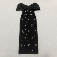 Robe de Soirée Noire de Luxe Épaules Dénudées Bandage Club Fête Strass Fendue Sirène Robe de Gala Événements Formels Avec Nœud en Satin