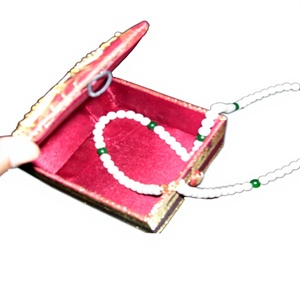 Handmade Eco-Friendly Textile Square Jewelry Box Pink Velvet Lining White Beaded Necklace Display Designer Brass Inlay Home - Product Image 1