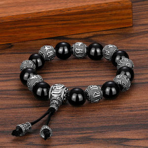 Bracelet de perles de <span class=keywords><strong>Bouddha</strong></span> noir plaqué <span class=keywords><strong>argent</strong></span> en vente en gros Bracelet de perles de richesse en obsidienne naturelle Mani Mantra - Product Image 4