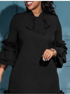 HANOU nouvelle mode chaude lâche couleur unie bords effilochés à manches longues élégant <span class=keywords><strong>Pile</strong></span> up manches cravate à volants <span class=keywords><strong>Midi</strong></span> droite tenue décontractée - Product Image 3