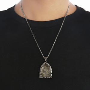 Collar con colgante de Buda de estilo chino Yunnique, cadena larga de plata tibetana para hombre, joyería de regalo con engaste de bisel, diseño geométrico JD215 - Product Image 4