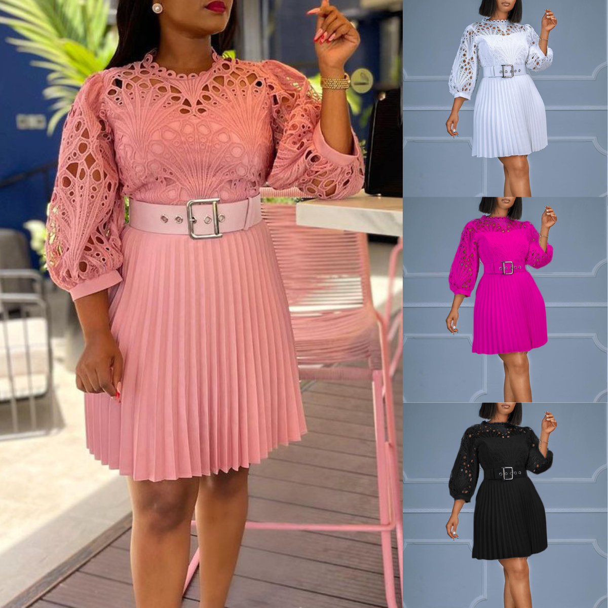 ladies spring dresses 2025 Africa and America New Design Dress Solid Lace Women Hook Flower Hollow Out Pleated Dress ColourHex_N05379.0901:19171C