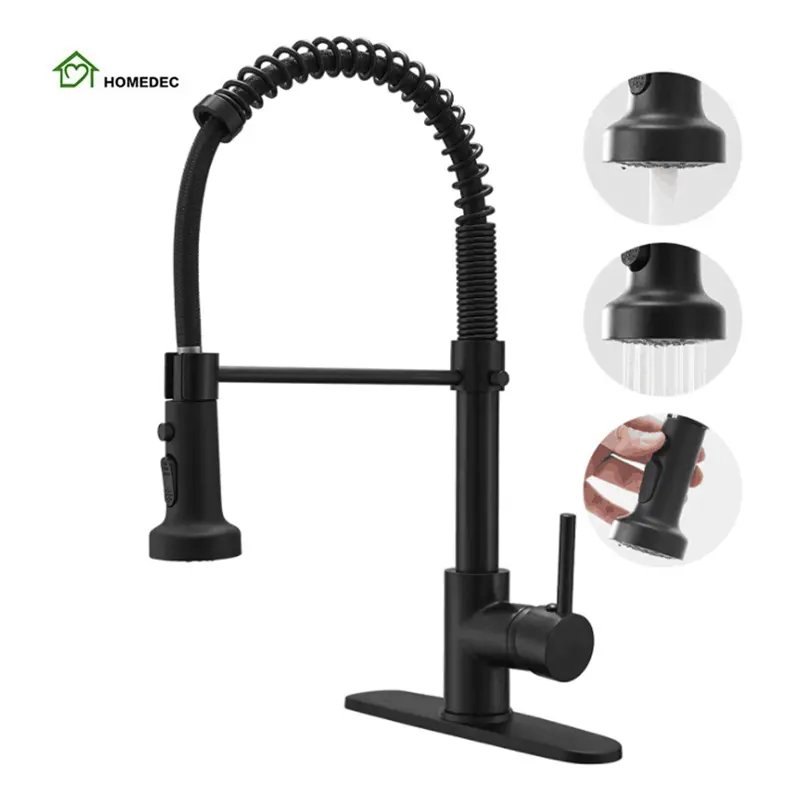 3 Functions Solid Brass High-Arc Single Handle Matte Black Commercial Kitchen Faucet Tap with Pull Down Sprayer