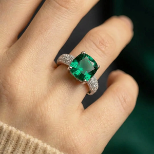 <b>Emerald</b> Cut Green Stone Cocktail <b>Ring</b> Women's 925 <b>Silver</b> Pave Band Luxury Geometric Style - Product Image 3
