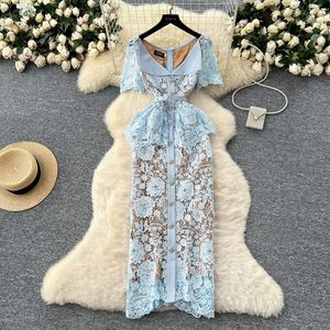 Robe midi élégante pour <span class=keywords><strong>femme</strong></span> en dentelle florale 3D à manches courtes, avec volants, taille peplum et ceinture, idéale pour invitées de <span class=keywords><strong>mariage</strong></span> - Sehe Fashion - Product Image 6