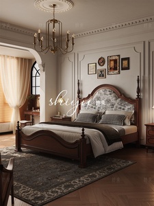 Lit double Shiyu Moll en bois massif noir, style rétro américain, colonnes romaines, 1,8 mètre, avec tête de lit capitonnée française, en bois massif américain - Product Image 1