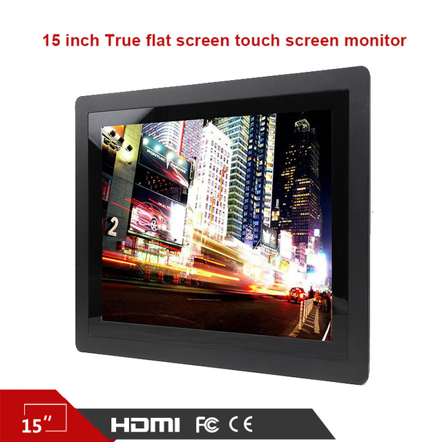 15 Inch Capacitive Touch Screen IP65 Front Waterproof Aluminum Metal True Flat LCD Monitor 4:3 USB Industrial Grade DC Black