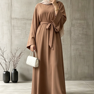 Abaya unie pour femme, style Dubaï, robe longue maxi modeste à manches larges et ceinture, tenue quotidienne musulmane islamique (6394) - Product Image 1
