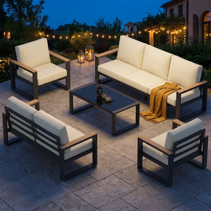 Conjunto de Sofás de <span class=keywords><strong>Exterior</strong></span> de Estilo Industrial, Muebles de Terraza de Aluminio Resistente a la Oxidación, Sofá Cama con Detalles de Madera Compuesta Resistente - Product Image 5