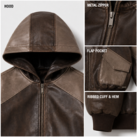 Blouson Bomber Homme Personnalisé à Capuche, Finition Cuir, Fermeture Éclair Métallique, Poches à Rabat, Poignets en Tricot Côtelé, Veste Décontractée Quotidienne Streetwear