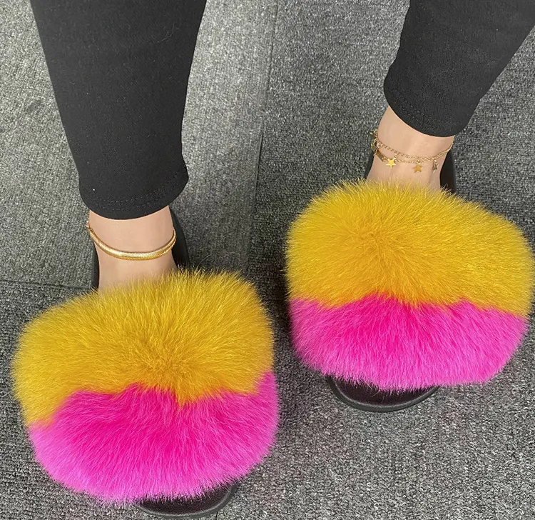 Fashion Fur Slippers Fluffy Slipper Outdoor Slider Sandals Fox Fur Slides For Women
