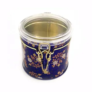 Tea Tins Wholesale Round Airtight Tea Tin Can With Wire Clasp And Plastic Transparent Lid