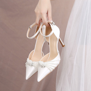 New Multi-pearl <b>Pointed</b> <b>Toe</b> Stiletto High Heels Sexy Satin Wedding Shoes - Product Image 1