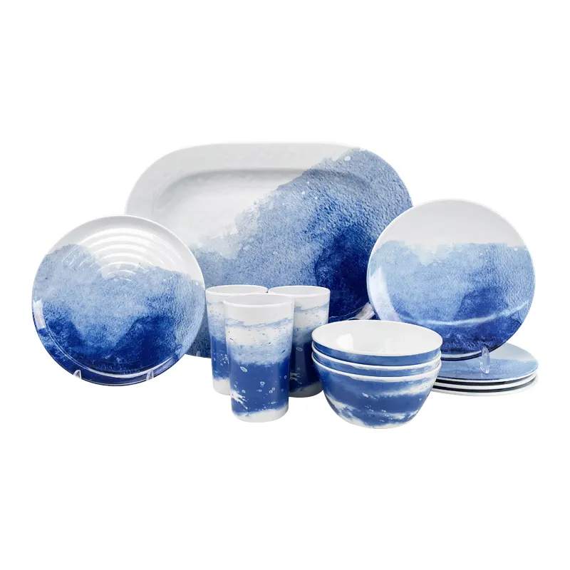 Hand Painted blue sky and white cloud Decal Design Melamine Ware Set Restaurant Tableware Blue Plates Bowl Set Dinnerware