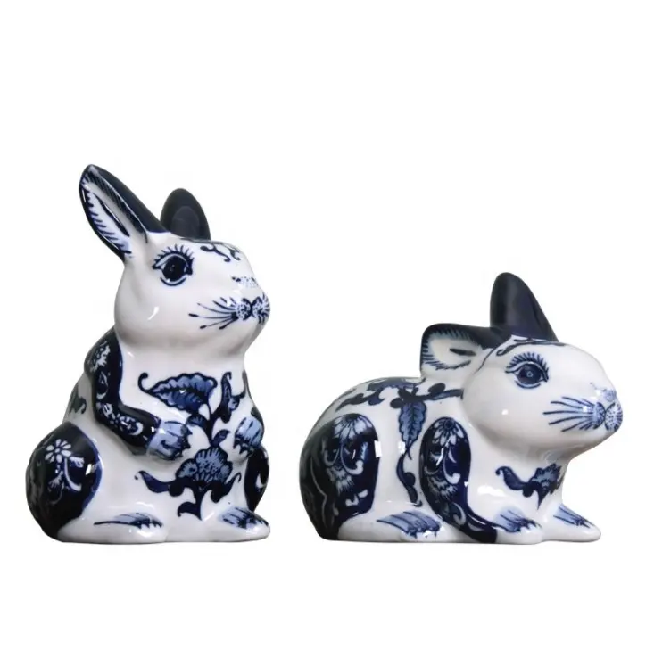 Chinese style blue and white handmade ceramic animal home decorations cute rabbit sculpture