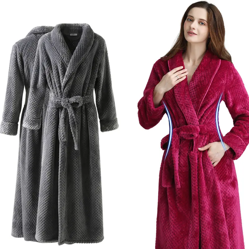 Nuevo invierno gruesa de damas de longitud completa camisones-de par Extra larga túnica comprobado de lana de Coral de dama bata de baño