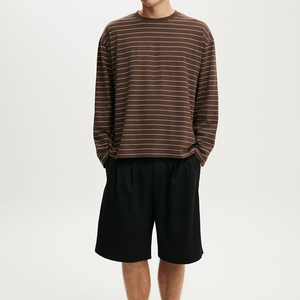 Factory design, stylish oatmeal <b>striped</b> regular-fit crew neck casual <b>long</b>-<b>sleeved</b> custom 100% cotton vintage t-<b>shirt</b> - Product Image 1