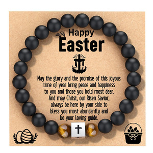 Pulsera de Ojo de Tigre Negro Esmerilado con Colgante de Cruz de Acero Inoxidable, Cordón Elástico, Joyería de Pascua, 25 Cuentas Redondas - Product Image 1